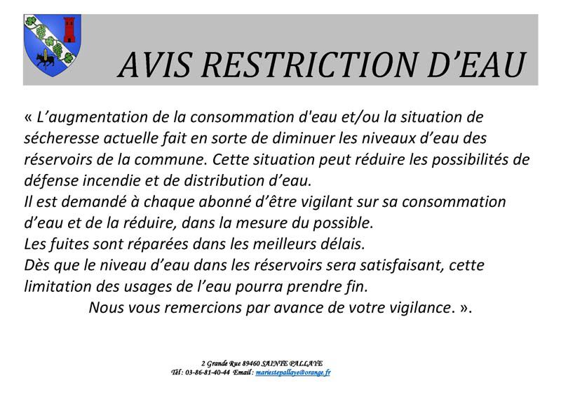 Avis restriction de l'eau commune de Ste PAllaye